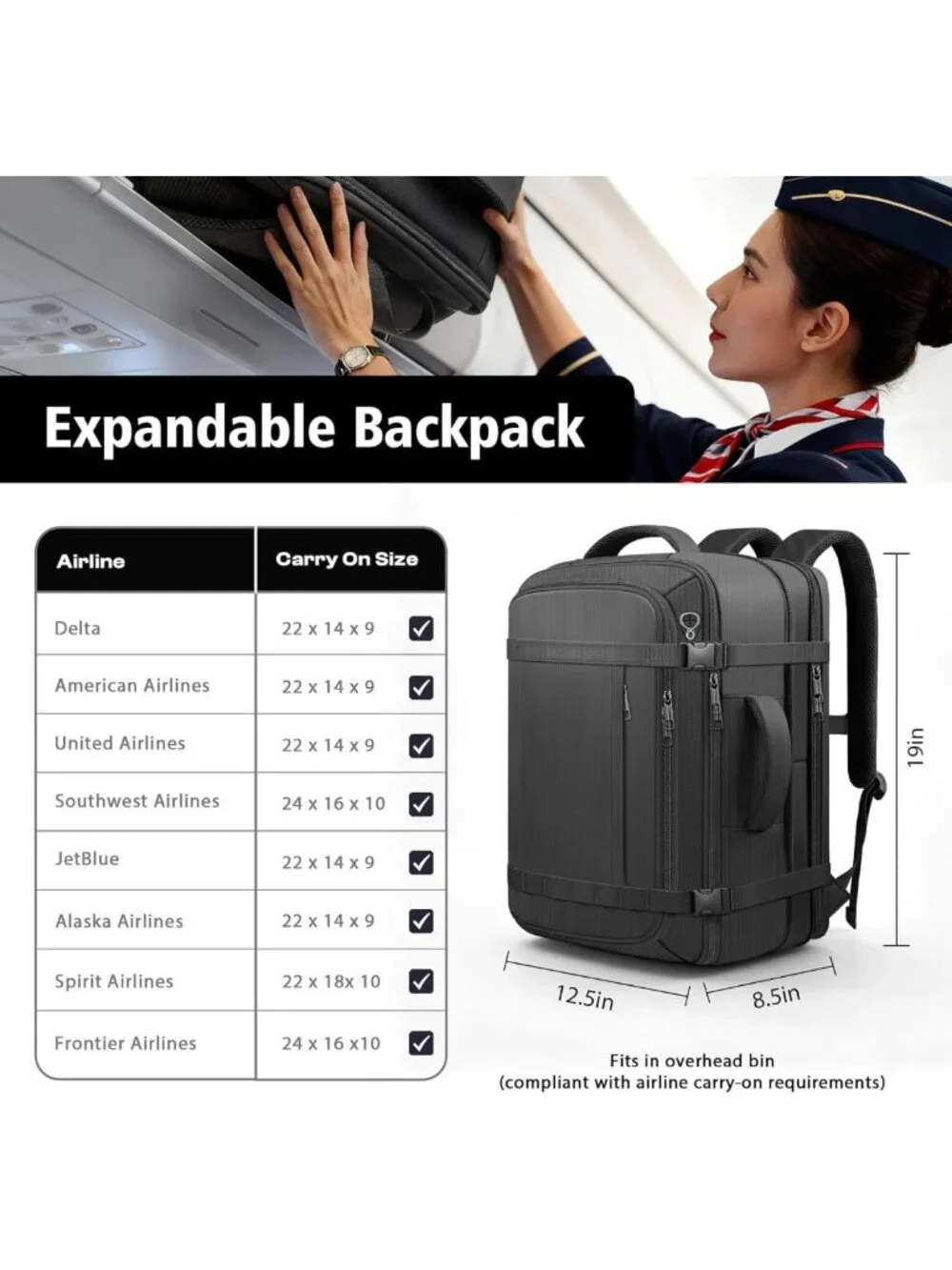 Spacious Expandable Travel Backpack, Water-Resistant, Fits 17.3